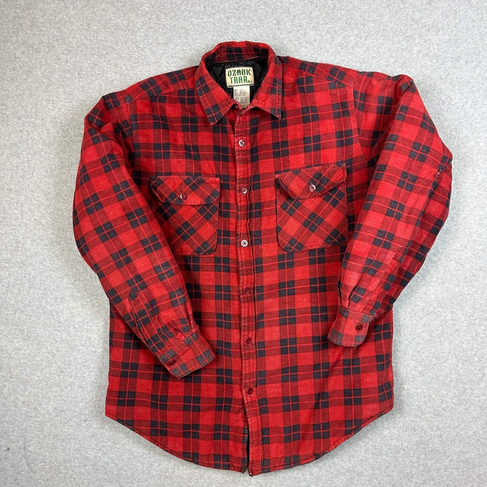 Ozark Trail Mens LT Red Black Buffalo Plaid‎ Quilted Lined Flannel Shirt Jacket - Picture 2 of 9
